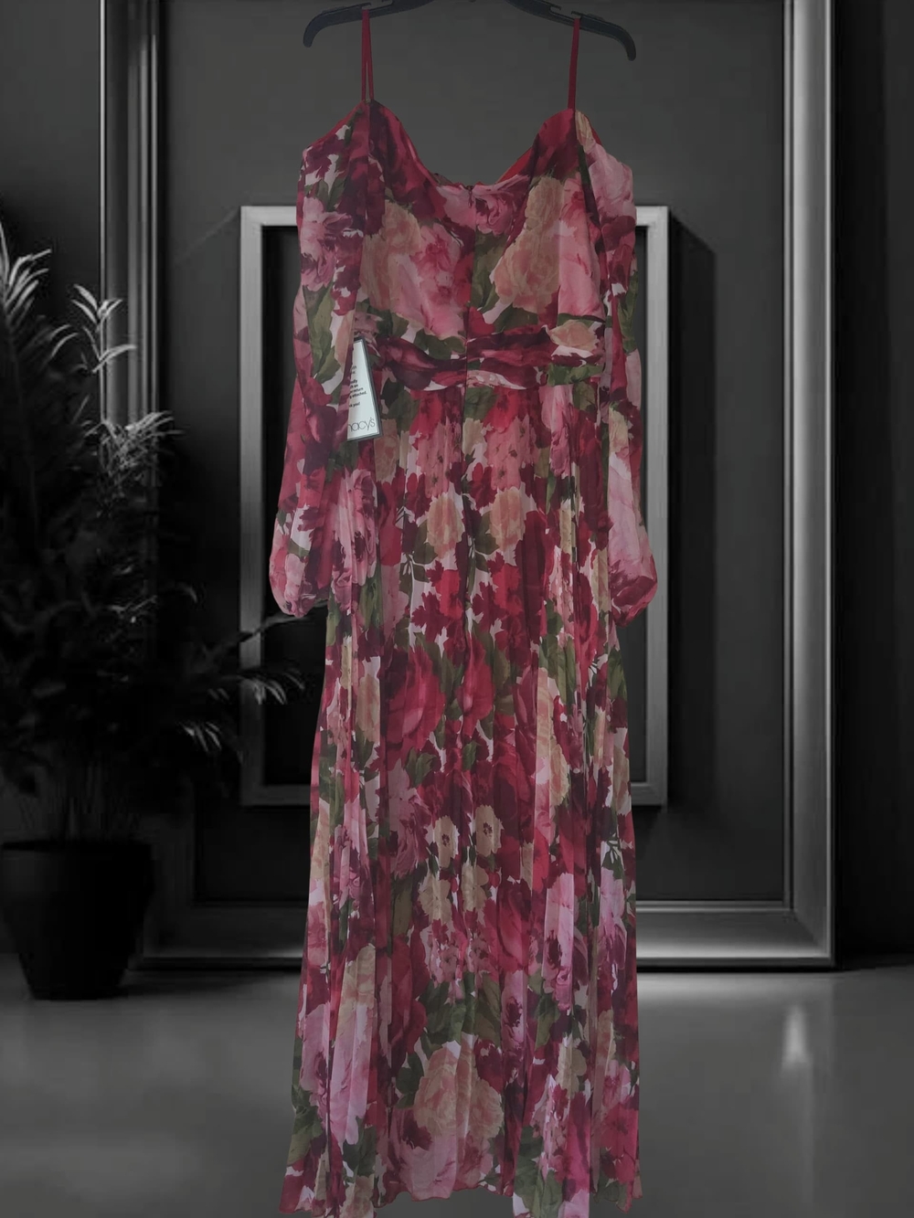 Xscape Plus Size Floral Pleated Maxi Off-The-Shoul Red Olive 20W Dress - Picture 3 of 16